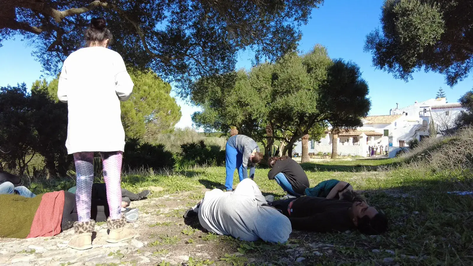Atelier de théâtre en plein air sous les oliviers, un participant allongé au sol.