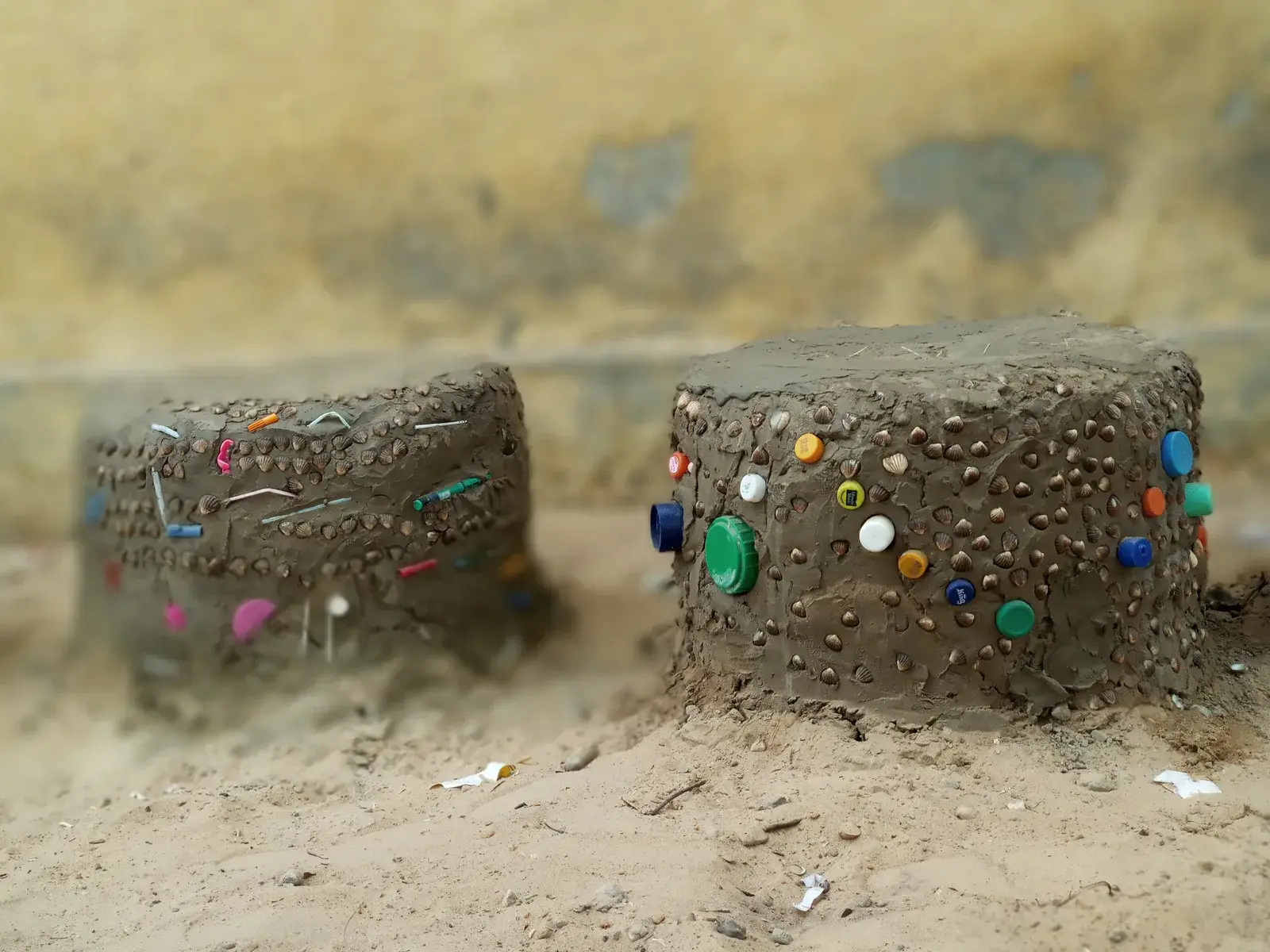Deux bancs en pneus recouverts de ciment et décorés de bouchons multicolores.