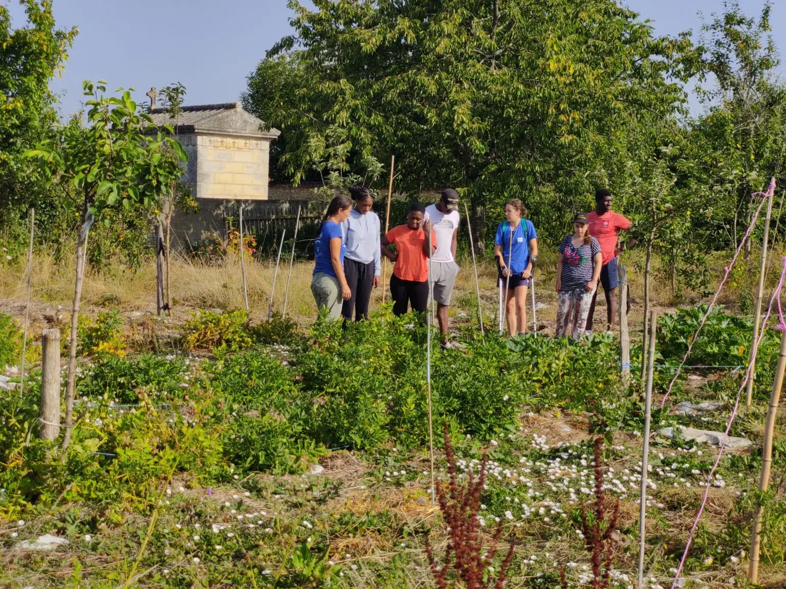Le groupe en visite dans le potager de l’écolieu.