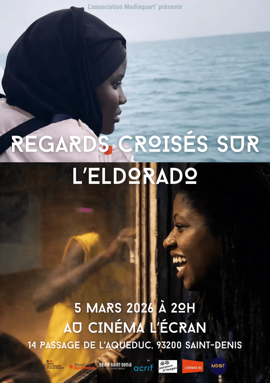 Affiche du documentaire « Regards croisés sur l’Eldorado » annonçant la projection du 5 mars 2026 au cinéma L’Écran