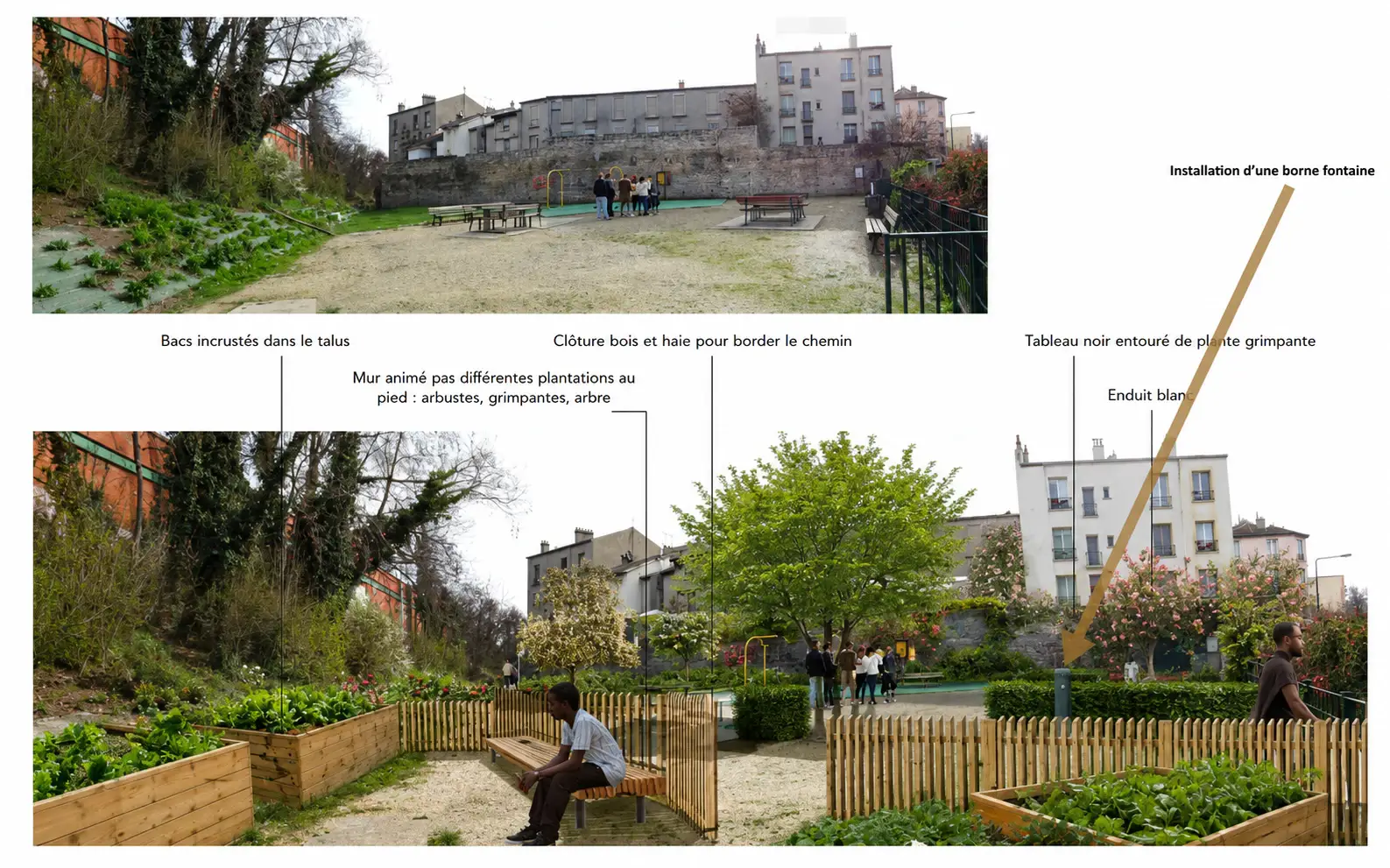 Photomontage avant/après d’un jardin urbain, avec bâtiments et espaces cultivés.