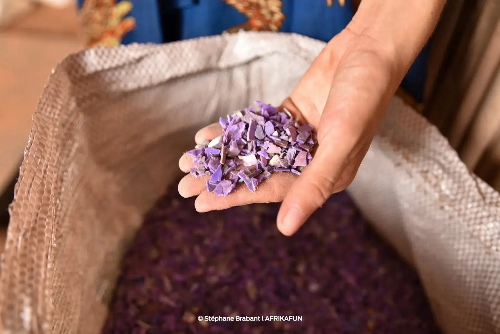 Une poignée de copeaux de plastique violet au-dessus d’un sac de collecte