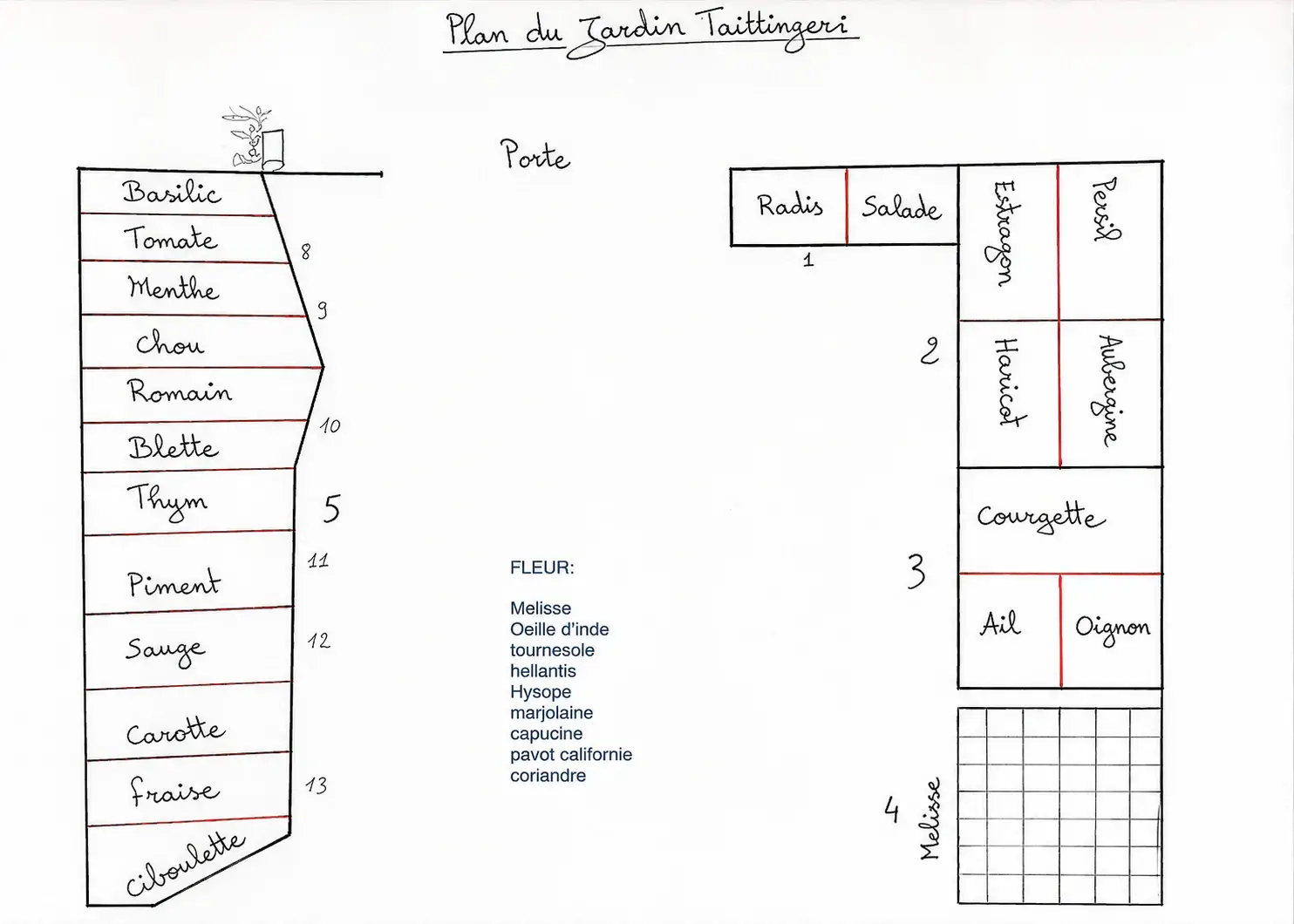 Plan dessiné à la main du jardin Taittinger, avec grille des plantations et liste des légumes.