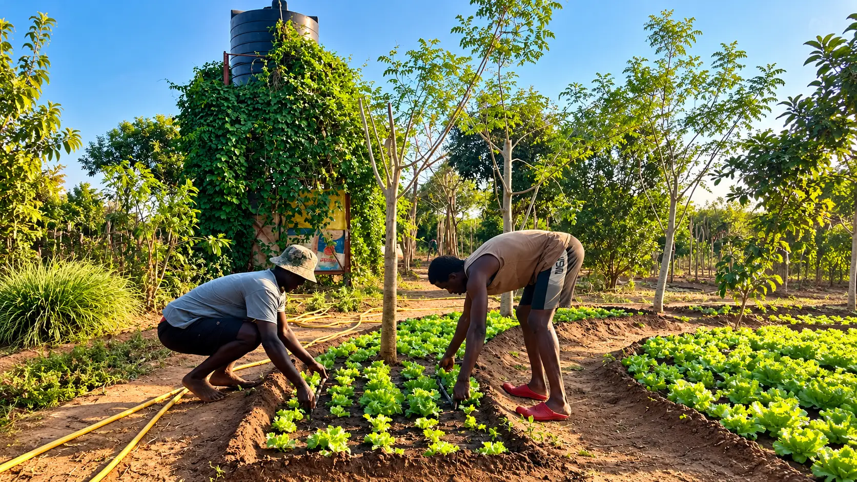 Deux maraîchers penchés sur des planches de salades dans un potager ensoleillé
