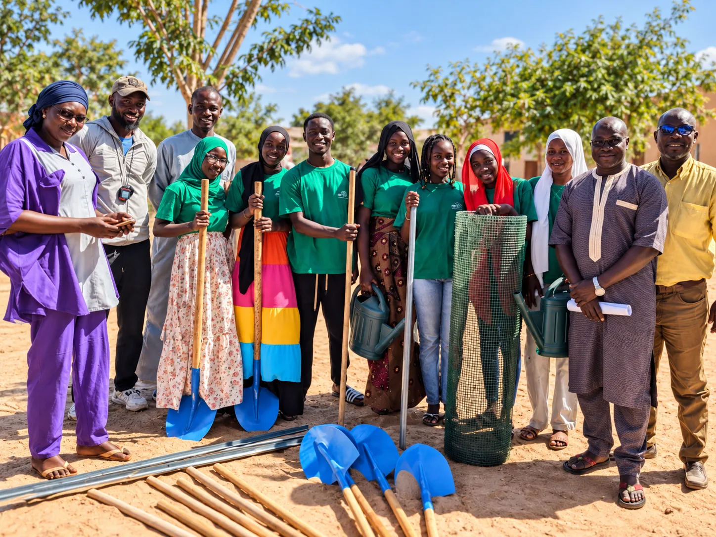 Le club ECoLYCo réuni dans la cour de l’établissement, pelles et arrosoirs à la main (Diourbel, Sénégal)