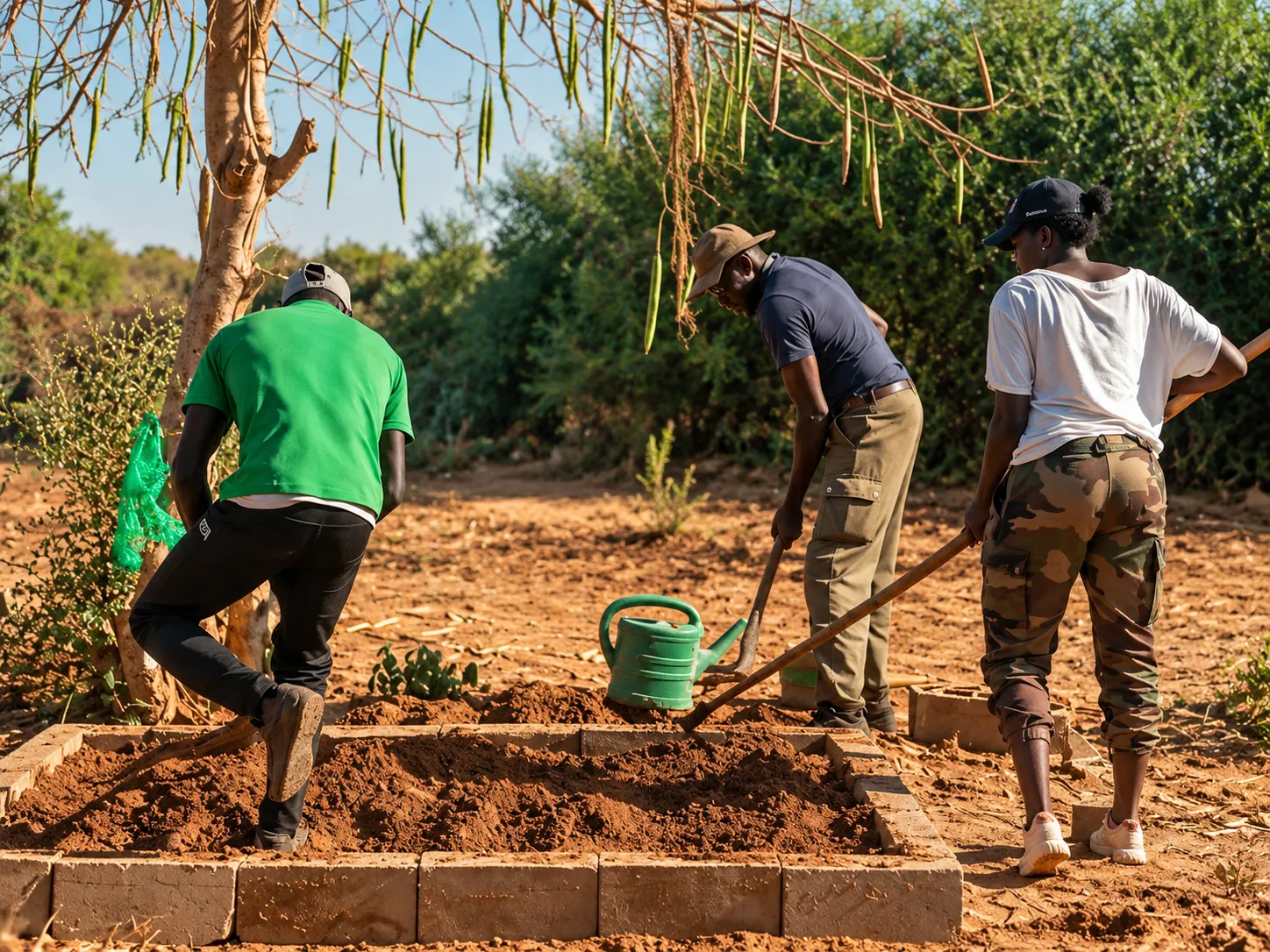 Trois personnes préparent une parcelle surélevée du potager EDEN à Keur Mbaye Fall