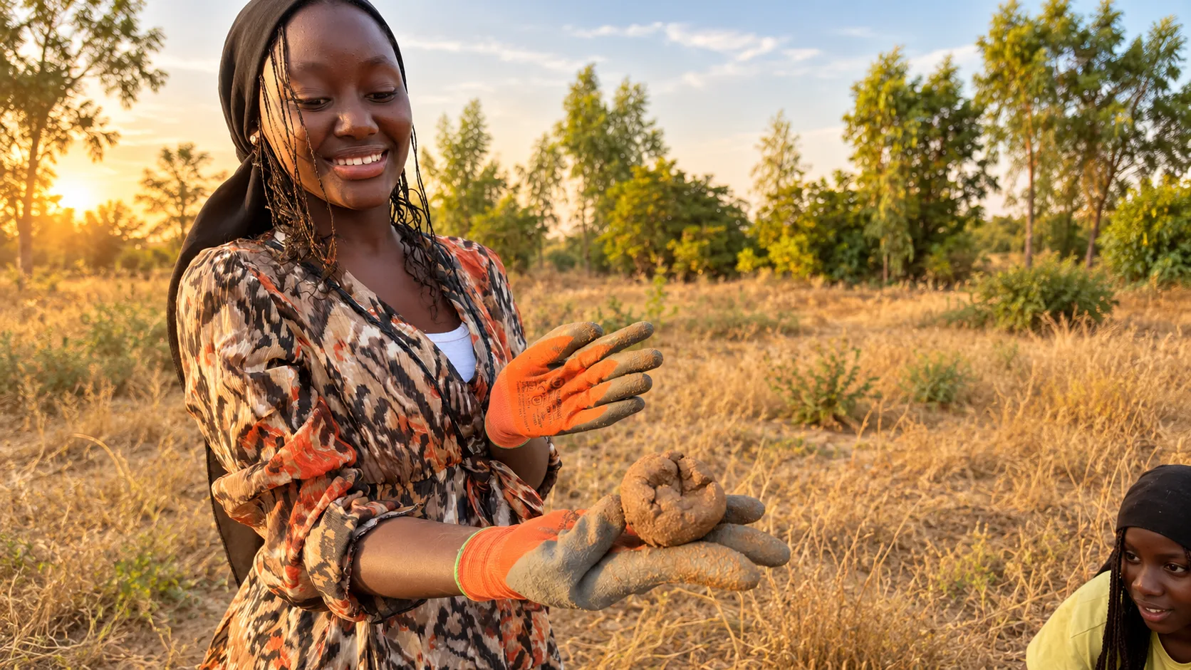 Une productrice souriante dans son champ au coucher du soleil