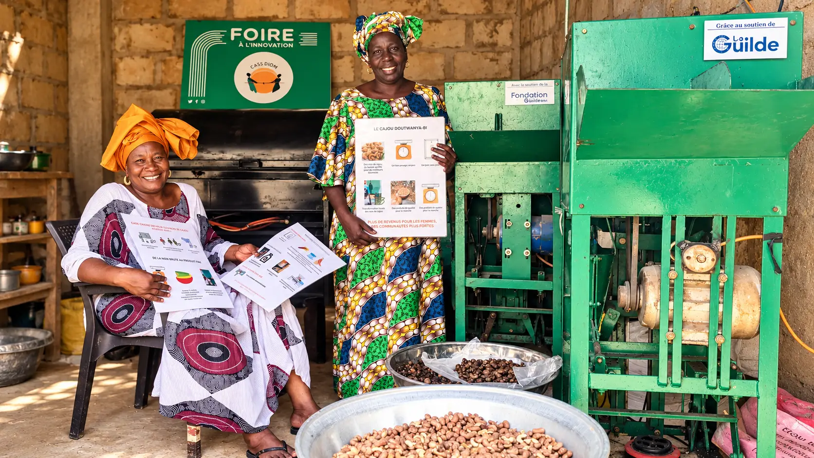 Deux entrepreneures présentent les machines et les supports du projet CASS DIOM à la Foire à l’innovation