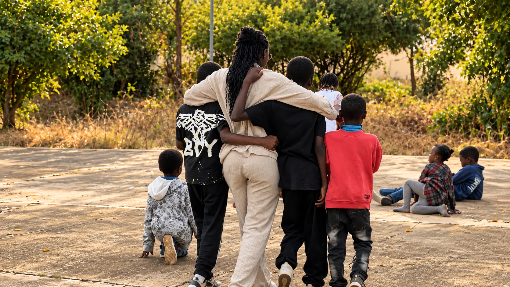Groupe de jeunes et d’enfants réunis lors d’une action de terrain Mediaquart’