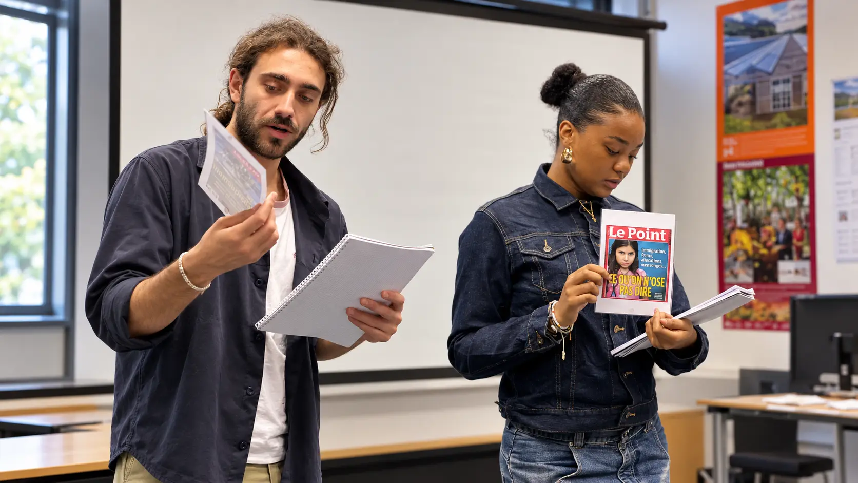 Deux jeunes analysent des magazines lors d’un atelier de décryptage des médias
