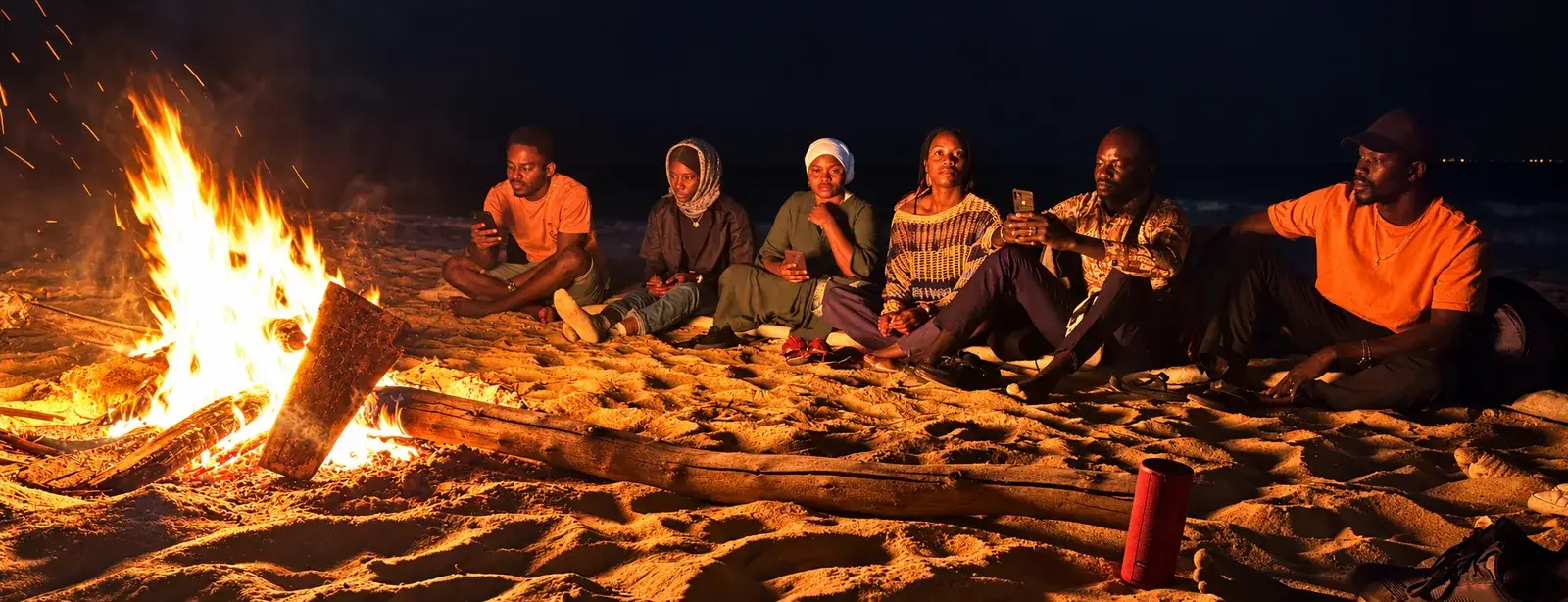 Un groupe réuni autour d’un feu sur la plage, le soir