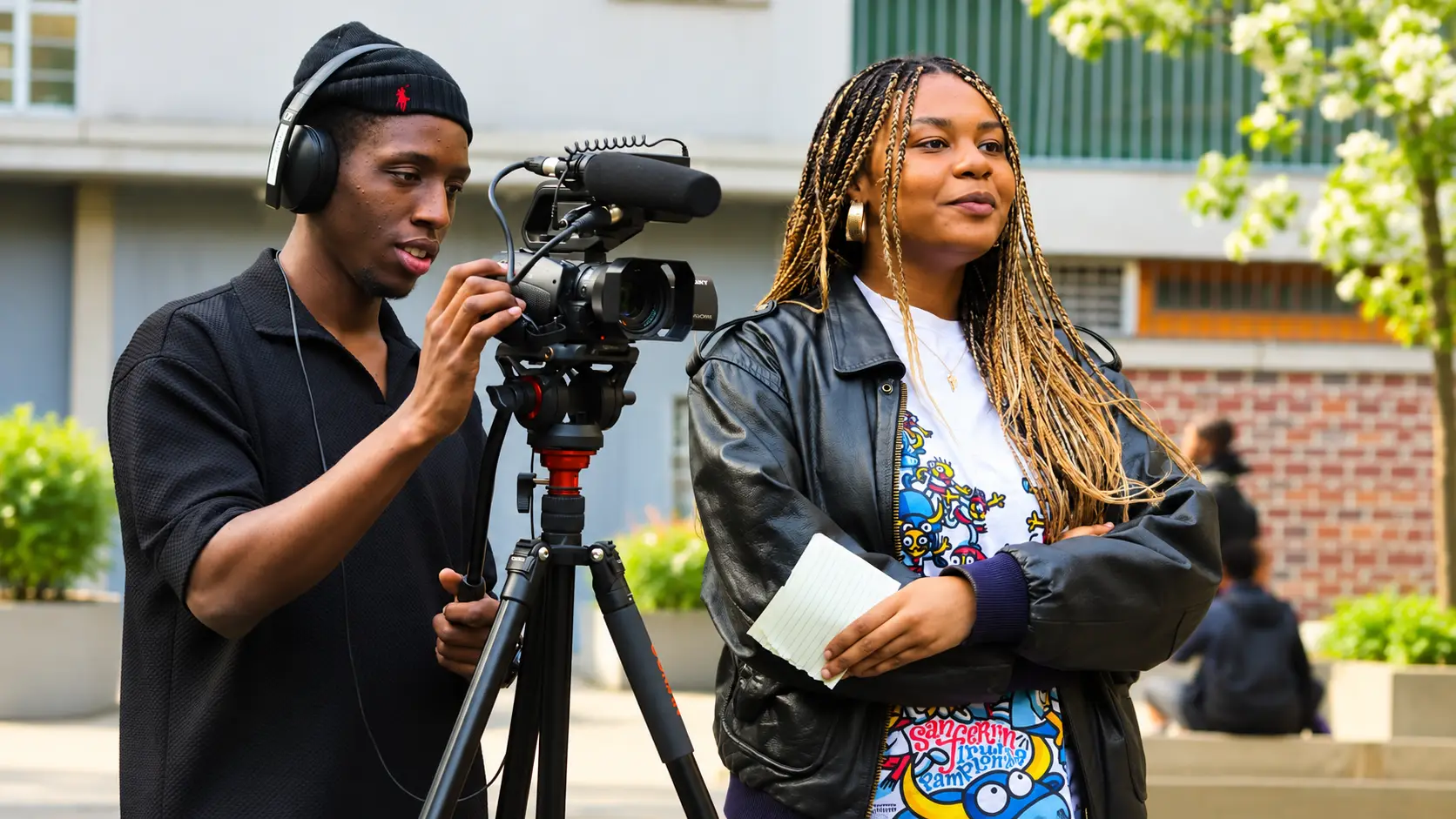 Deux jeunes préparent un tournage, caméra sur pied et carnet à la main