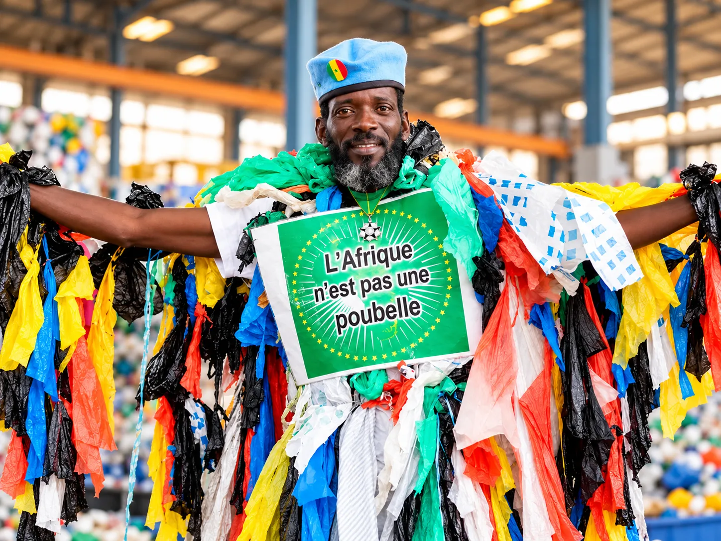 Un membre du collectif Lagune Propre tenant une pancarte « L’Afrique n’est pas une poubelle »